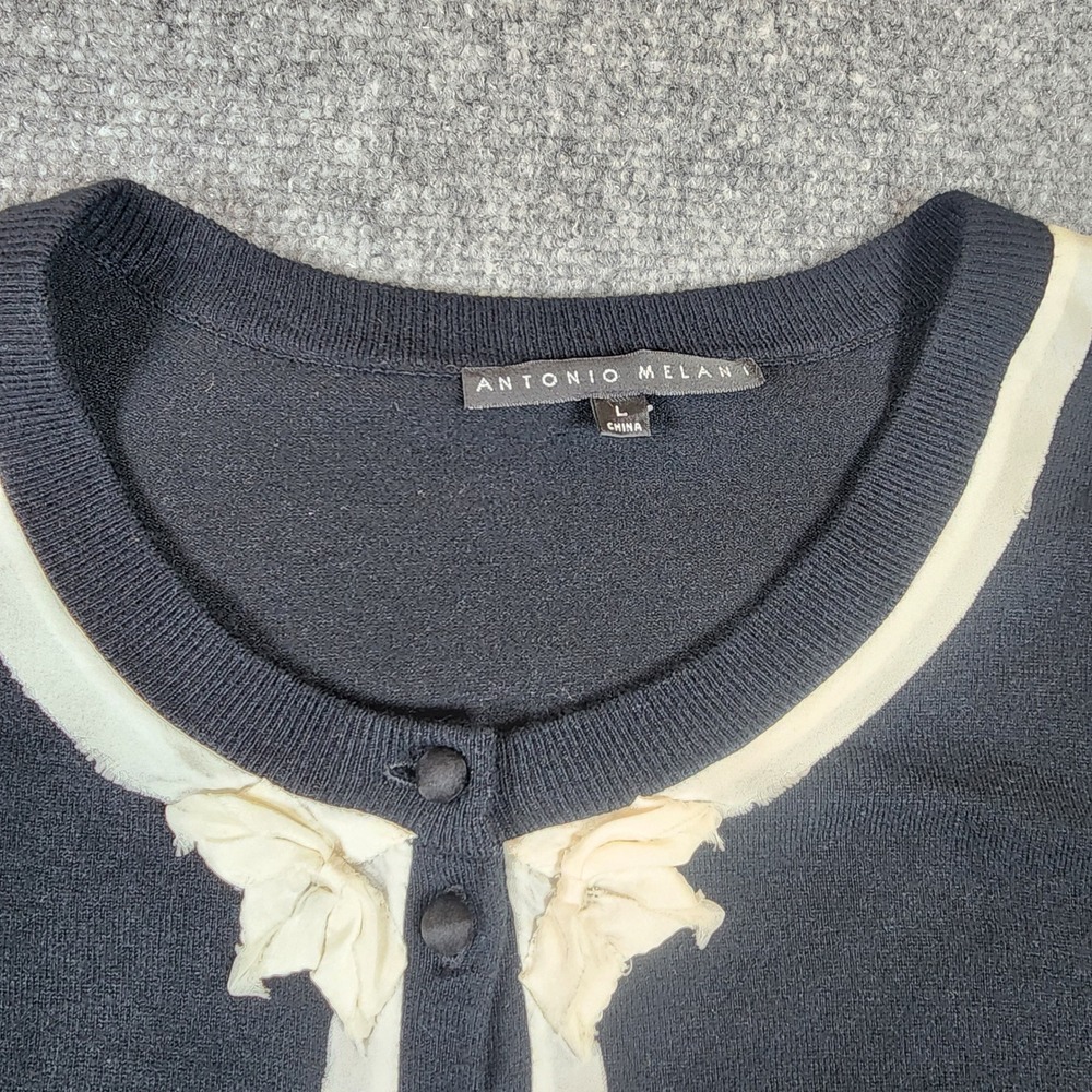 Antonio Melani Black Cashmere Blend Cardigan Cream Chiffon Trim Floral Accent L - Picture 2 of 6